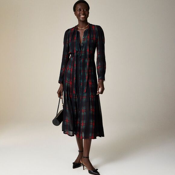 NWT J.Crew Tie-Neck Dress in Stewart Tartan Viscose Chiffon Black Red Green XS - Picture 2 of 15